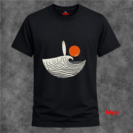Black t-shirt with a wave and sun design on a gray background