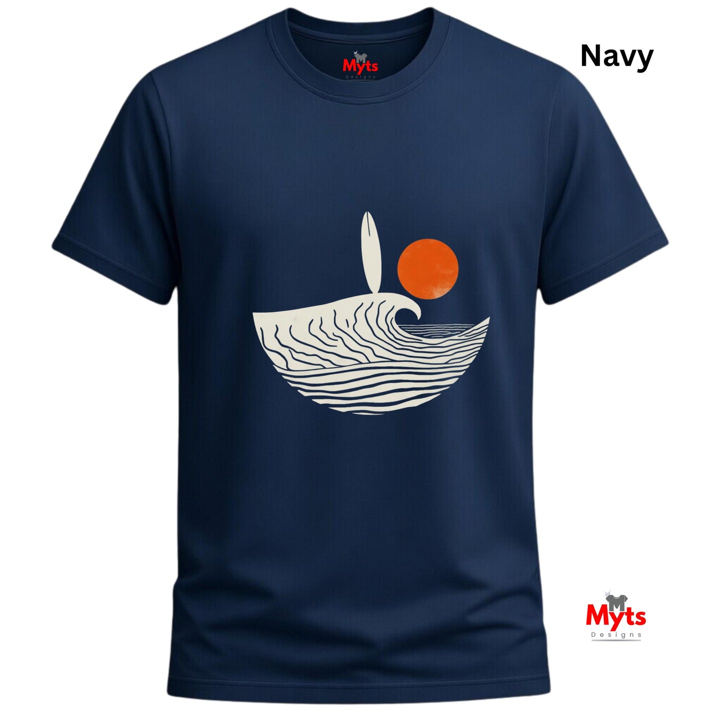 Navy blue t-shirt with a graphic design of a wave and sun, branded 'Myts'.