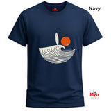 Navy blue t-shirt with a graphic design of a wave and sun, branded 'Myts'.