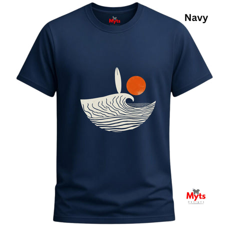 Navy blue t-shirt with a graphic design of a wave and sun, branded 'Myts'.