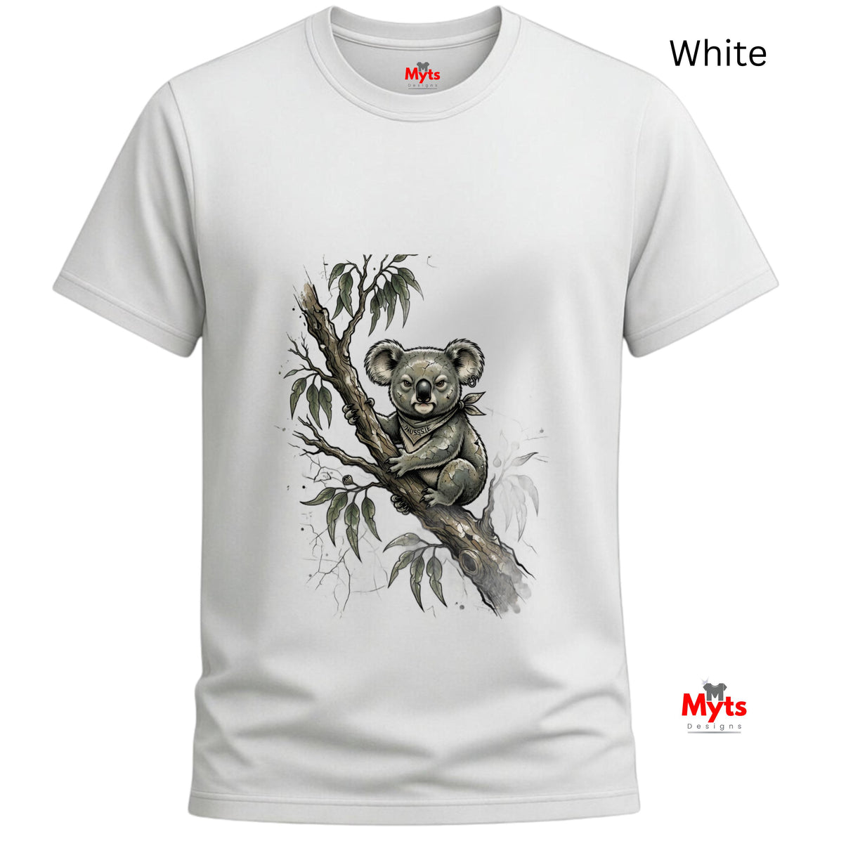A white short-sleeve crewneck t-shirt featuring a detailed graphic of a koala sitting on a tree branch with eucalyptus leaves. The brand name 'Myts' is visible on the inner neck label and as a watermark logo in the bottom right corner.