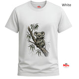 A white short-sleeve crewneck t-shirt featuring a detailed graphic of a koala sitting on a tree branch with eucalyptus leaves. The brand name 'Myts' is visible on the inner neck label and as a watermark logo in the bottom right corner.