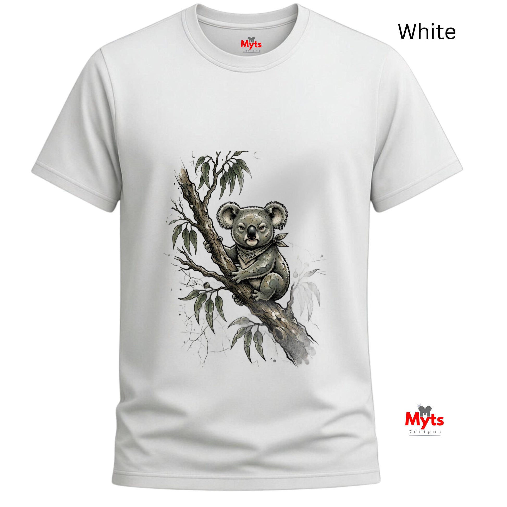 A white short-sleeve crewneck t-shirt featuring a detailed graphic of a koala sitting on a tree branch with eucalyptus leaves. The brand name 'Myts' is visible on the inner neck label and as a watermark logo in the bottom right corner.