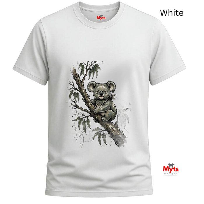 A white short-sleeve crewneck t-shirt featuring a detailed graphic of a koala sitting on a tree branch with eucalyptus leaves. The brand name 'Myts' is visible on the inner neck label and as a watermark logo in the bottom right corner.