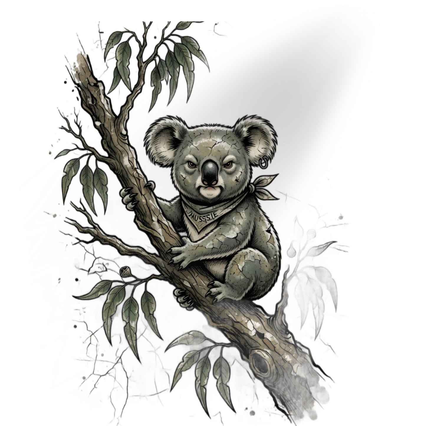 A tattoo design illustration of a koala sitting on a eucalyptus branch, rendered in black, gray, and white with a subtle drop shadow on a white background.