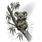 A tattoo design illustration of a koala sitting on a eucalyptus branch, rendered in black, gray, and white with a subtle drop shadow on a white background.