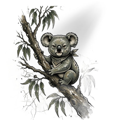 A tattoo design illustration of a koala sitting on a eucalyptus branch, rendered in black, gray, and white with a subtle drop shadow on a white background.