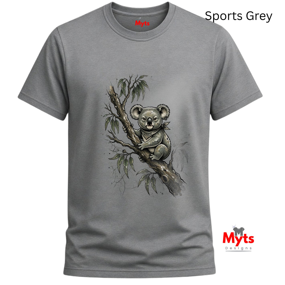 A grey short-sleeve crewneck t-shirt featuring a detailed graphic of a koala sitting on a eucalyptus branch. The shirt is displayed on a clean white background with 'Sports Grey' text in the top right and the 'Myts Designs' logo in the bottom right corner.