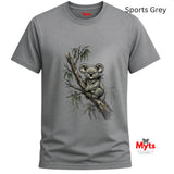 A grey short-sleeve crewneck t-shirt featuring a detailed graphic of a koala sitting on a eucalyptus branch. The shirt is displayed on a clean white background with 'Sports Grey' text in the top right and the 'Myts Designs' logo in the bottom right corner.