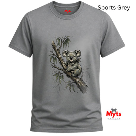 A grey short-sleeve crewneck t-shirt featuring a detailed graphic of a koala sitting on a eucalyptus branch. The shirt is displayed on a clean white background with 'Sports Grey' text in the top right and the 'Myts Designs' logo in the bottom right corner.