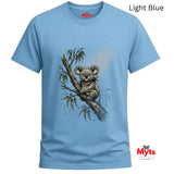A light blue short-sleeve t-shirt with a graphic of a koala sitting on a tree branch, shown on a white background with 'Myts' branding and a 'Light Blue' text label.