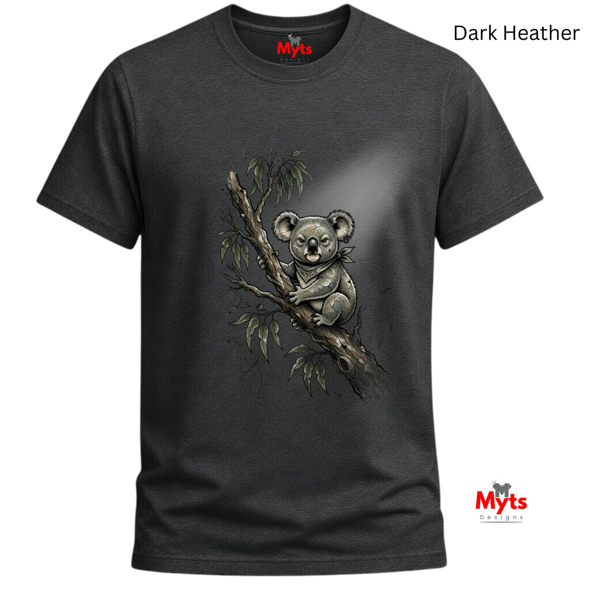 A dark heather gray t-shirt featuring a detailed graphic of a koala sitting on a eucalyptus branch. The shirt is shown against a plain white background with 'Myts' brand logos visible on the inner neck label and as a watermark in the bottom right corner.