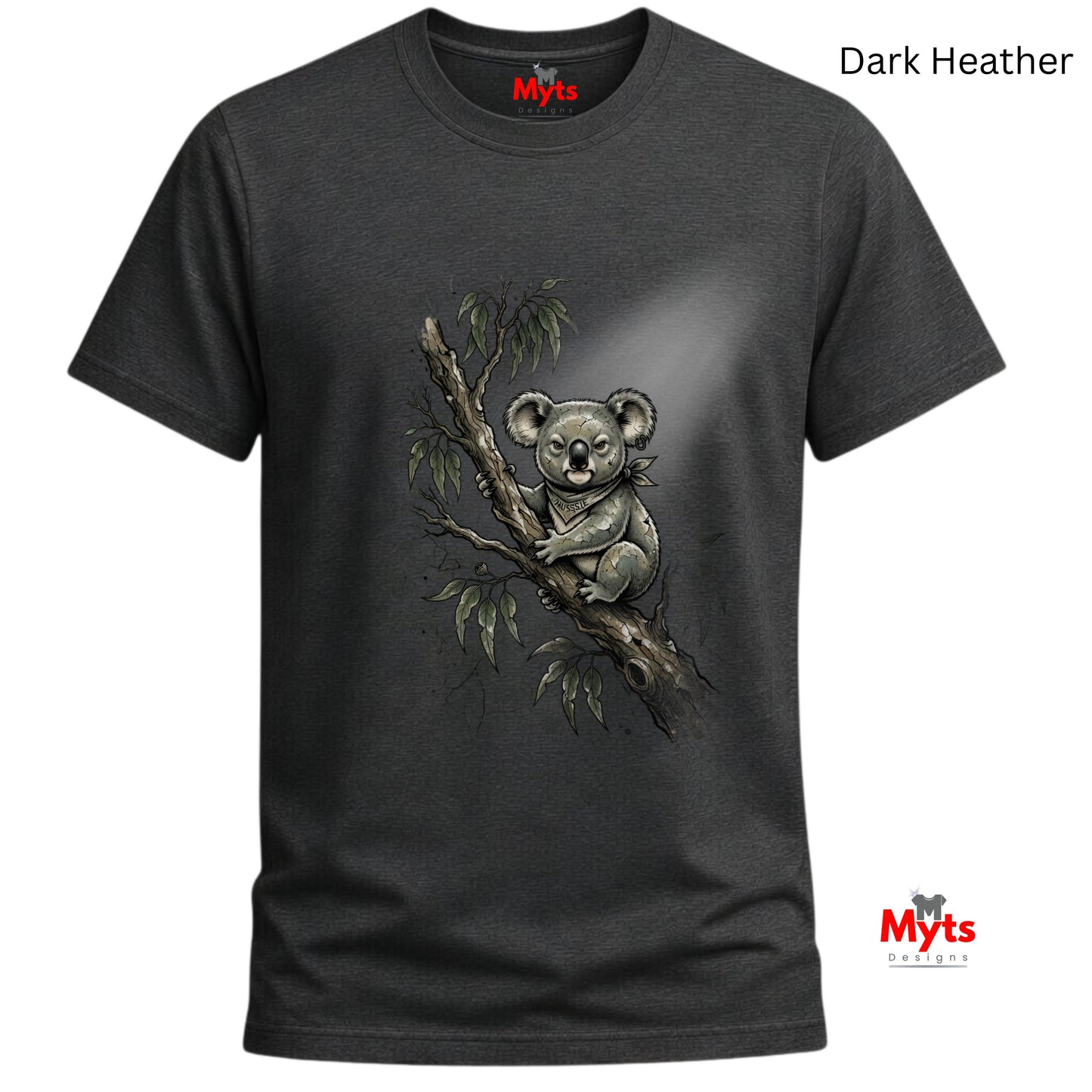 A dark heather gray t-shirt featuring a detailed graphic of a koala sitting on a eucalyptus branch. The shirt is shown against a plain white background with 'Myts' brand logos visible on the inner neck label and as a watermark in the bottom right corner.