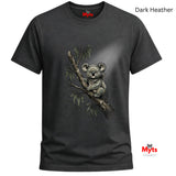 A dark heather gray t-shirt featuring a detailed graphic of a koala sitting on a eucalyptus branch. The shirt is shown against a plain white background with 'Myts' brand logos visible on the inner neck label and as a watermark in the bottom right corner.