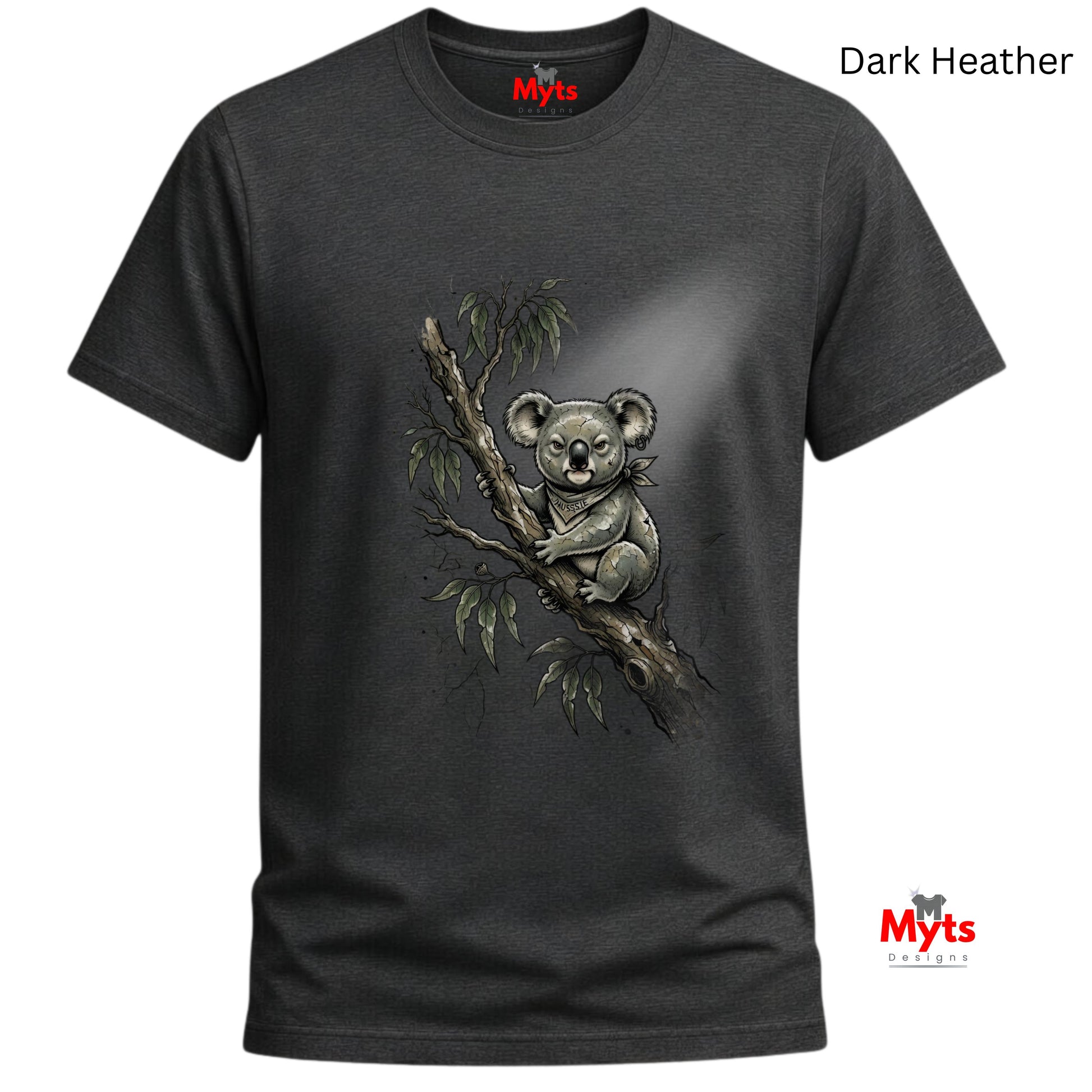 A dark heather gray t-shirt featuring a detailed graphic of a koala sitting on a eucalyptus branch. The shirt is shown against a plain white background with 'Myts' brand logos visible on the inner neck label and as a watermark in the bottom right corner.