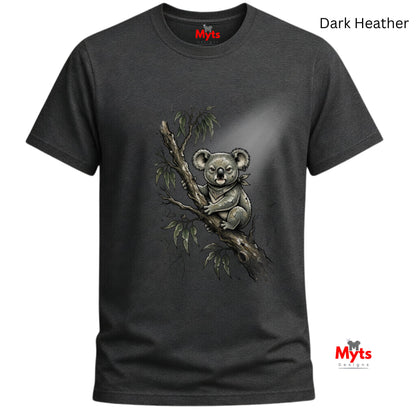 A dark heather gray t-shirt featuring a detailed graphic of a koala sitting on a eucalyptus branch. The shirt is shown against a plain white background with 'Myts' brand logos visible on the inner neck label and as a watermark in the bottom right corner.