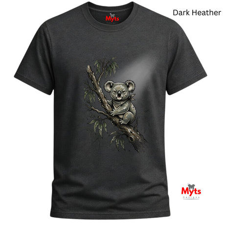 A dark heather gray t-shirt featuring a detailed graphic of a koala sitting on a eucalyptus branch. The shirt is shown against a plain white background with 'Myts' brand logos visible on the inner neck label and as a watermark in the bottom right corner.