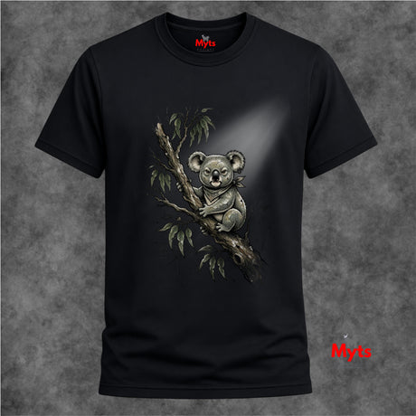 A black short-sleeve crewneck t-shirt featuring a detailed graphic of a koala sitting on a eucalyptus branch. The shirt is displayed against a textured gray background, with a red 'Myts' brand logo visible on the inner neck label and as a watermark in the bottom right corner.