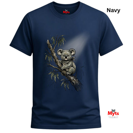 A navy blue short-sleeve t-shirt with a detailed graphic of a koala bear sitting on a tree branch with eucalyptus leaves. The word 'Navy' is printed in black text in the top right corner, and the 'Myts' brand logo is visible both inside the collar and as a watermark in the bottom right corner.
