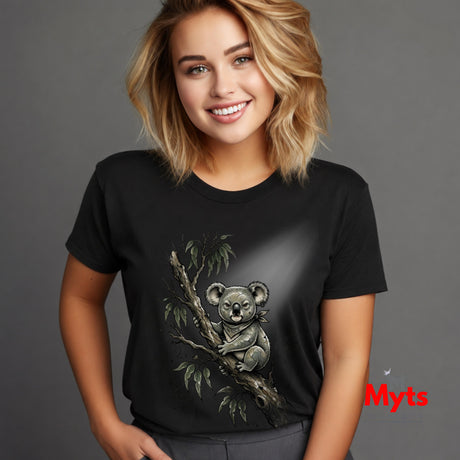 A smiling blonde woman wearing a black short-sleeve graphic t-shirt with a detailed illustration of a koala on a tree branch, set against a solid gray background.