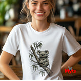 A smiling woman wearing a white short-sleeve crewneck t-shirt with a detailed black and gray watercolor-style graphic of a koala sitting on a eucalyptus branch. The background is a softly blurred indoor setting, and a red 'Myts Designs' logo watermark is visible in the bottom right corner.