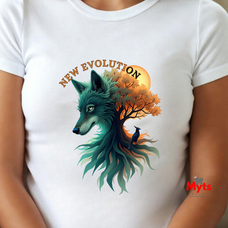 A white short-sleeve t-shirt worn by a model, featuring a graphic print of a teal wolf and an autumn tree with the text 'NEW EVOLUTION' and a small crow.
