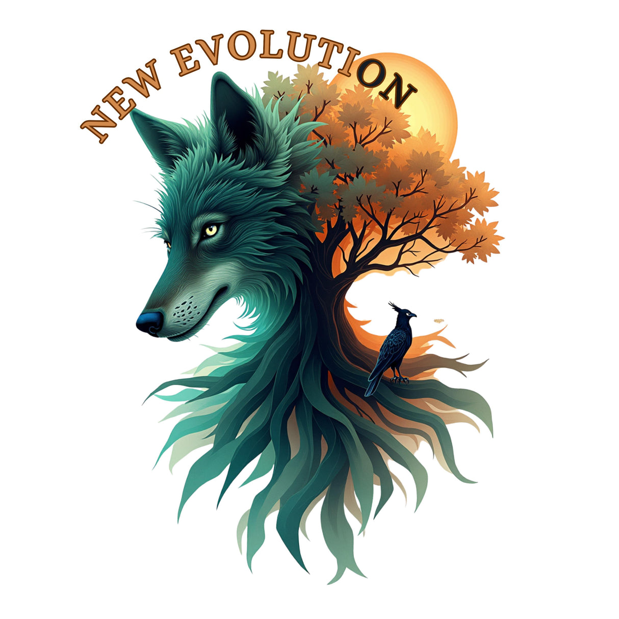 A stylized graphic featuring a teal wolf in profile with a tree and orange sun behind it, plus a small black bird and the words "NEW EVOLUTION" in arched brown lettering on a white background.
