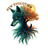 A stylized graphic featuring a teal wolf in profile with a tree and orange sun behind it, plus a small black bird and the words "NEW EVOLUTION" in arched brown lettering on a white background.