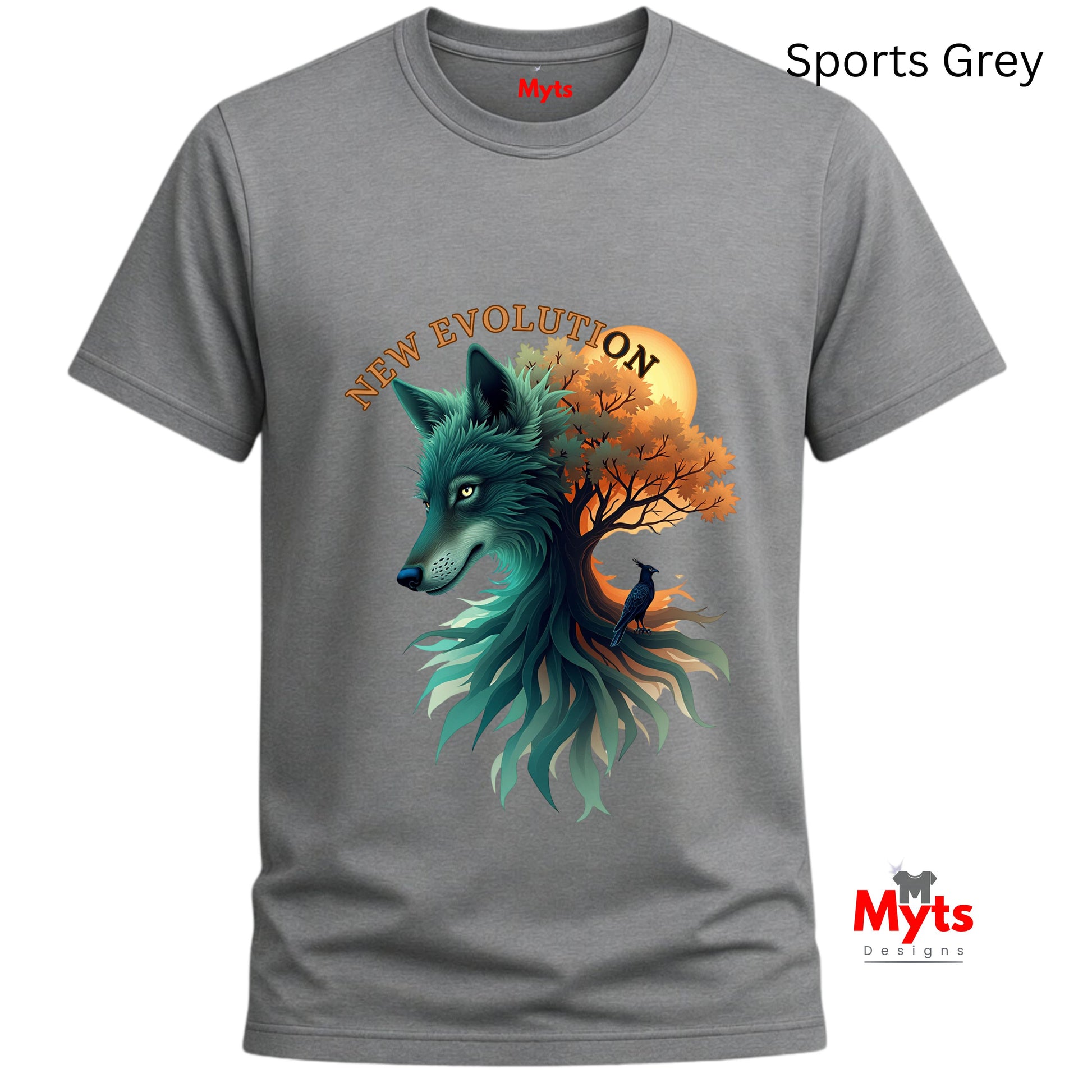 A gray short-sleeve crewneck t-shirt featuring a graphic print of a wolf and tree with the text 'NEW EVOLUTION'. The shirt is shown on a plain white background with 'Sports Grey' text in the top right and the 'Myts Designs' logo in the bottom right.