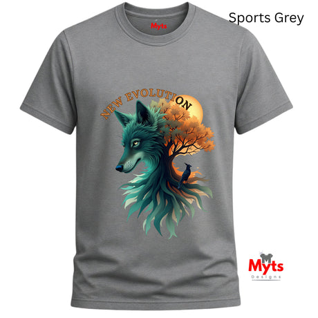 A gray short-sleeve crewneck t-shirt featuring a graphic print of a wolf and tree with the text 'NEW EVOLUTION'. The shirt is shown on a plain white background with 'Sports Grey' text in the top right and the 'Myts Designs' logo in the bottom right.
