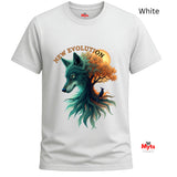 White short-sleeve crewneck t-shirt featuring a graphic of a wolf and tree with the text 'NEW EVOLUTION' on the front, with a small red 'Myts' brand label inside the collar and a 'White' color label in the top right corner.