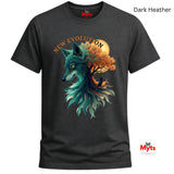 A dark heather gray t-shirt featuring a graphic of a wolf and tree with the text 'NEW EVOLUTION'. The shirt is shown on a white background with 'Myts' branding and a 'Dark Heather' label in the corners.