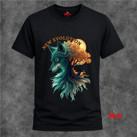 A black short-sleeve t-shirt with a graphic print of a teal wolf and a tree with orange autumn leaves, set against a full moon and the words 'NEW EVOLUTION'. The shirt is displayed on a textured gray background with a red 'Myts' logo in the bottom right corner.