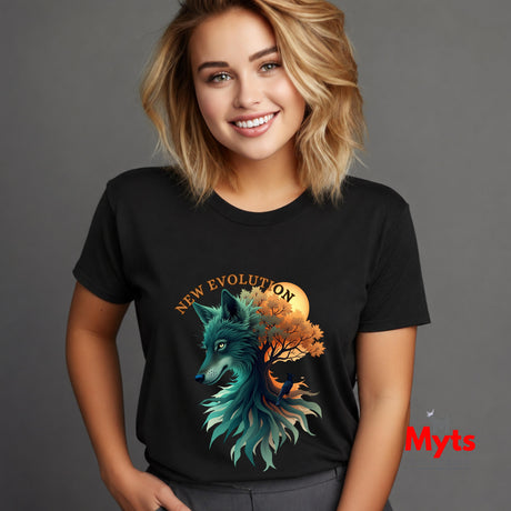 A smiling blonde woman wearing a black graphic T-shirt with a stylized wolf and tree design in teal, orange, and yellow, plus the words 'NEW EVOLUTION' across the chest, against a plain gray studio background.