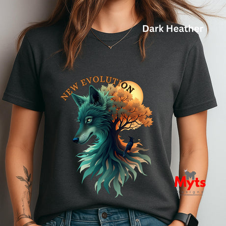 A woman wearing a dark heather charcoal t-shirt with a graphic of a teal wolf merging with a tree and a full moon, with the text 'NEW EVOLUTION'.