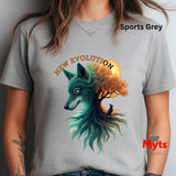 A woman wearing a light gray t-shirt with a colorful graphic of a wolf and tree. The text 'Sports Grey' is visible on the upper right, and a 'Myts designs' watermark is visible on the lower right.