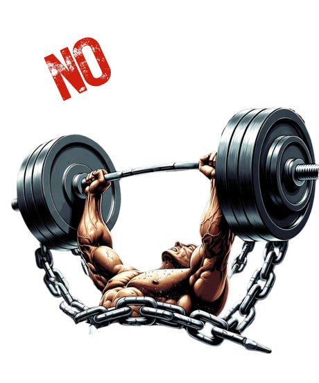Muscular man lifting a barbell with 'NO' above him on a white background