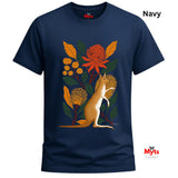 A navy blue short-sleeve t-shirt with a colorful graphic print of an Australian kangaroo surrounded by native flowers and leaves. The word 'Navy' is printed in black text in the top right corner, and the Myts logo is visible on the inner neck label and as a watermark in the bottom right corner.