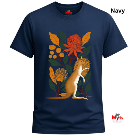 A navy blue short-sleeve t-shirt with a colorful graphic print of an Australian kangaroo surrounded by native flowers and leaves. The word 'Navy' is printed in black text in the top right corner, and the Myts logo is visible on the inner neck label and as a watermark in the bottom right corner.