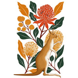 A stylized botanical illustration featuring a kangaroo standing among orange and yellow flowers with green and orange leaves on a plain white background.