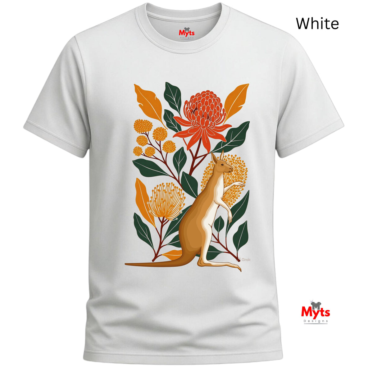 A white short-sleeve crewneck t-shirt featuring a colorful graphic print of a kangaroo among orange flowers and green leaves. The text 'White' is displayed in the top right corner, and the 'Myts' brand logo is visible on the bottom right.
