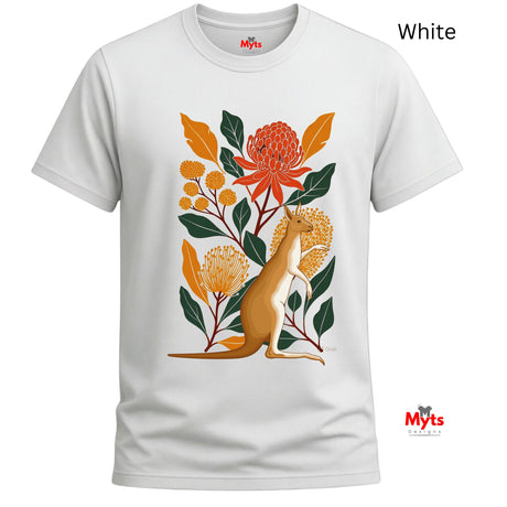 A white short-sleeve crewneck t-shirt featuring a colorful graphic print of a kangaroo among orange flowers and green leaves. The text 'White' is displayed in the top right corner, and the 'Myts' brand logo is visible on the bottom right.