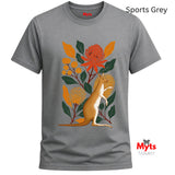 A sports grey short-sleeve crewneck t-shirt featuring a colorful graphic print of a kangaroo surrounded by orange and yellow flowers and green leaves. The text 'Sports Grey' is written in the top right corner, and the 'Myts Designs' brand logo is visible in the bottom right corner.