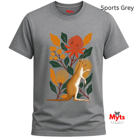 A sports grey short-sleeve crewneck t-shirt featuring a colorful graphic print of a kangaroo surrounded by orange and yellow flowers and green leaves. The text 'Sports Grey' is written in the top right corner, and the 'Myts Designs' brand logo is visible in the bottom right corner.