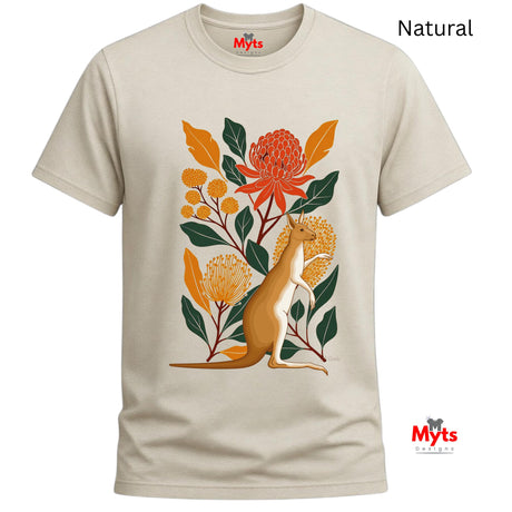A Natural crewneck t-shirt with a colorful graphic print of a kangaroo among orange and yellow flowers with green leaves, labeled 'Natural' on a white background.