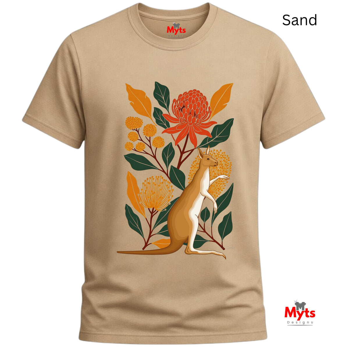 A sand-colored crewneck t-shirt featuring a colorful graphic print of a kangaroo among orange flowers and green leaves, shown on a plain white background with 'Myts' branding.