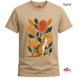A sand-colored crewneck t-shirt featuring a colorful graphic print of a kangaroo among orange flowers and green leaves, shown on a plain white background with 'Myts' branding.