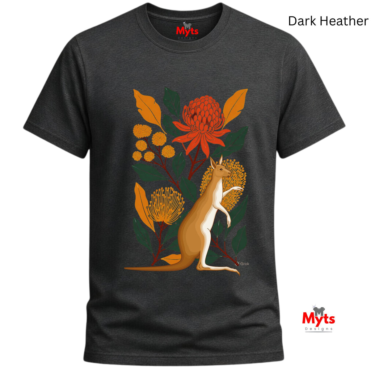 A dark heather gray t-shirt featuring a colorful graphic print of a kangaroo standing among Australian flowers and leaves. The text 'Dark Heather' is displayed in the top right corner, and the 'Myts' brand logo is visible on the inner neck label and as a watermark in the bottom right corner.
