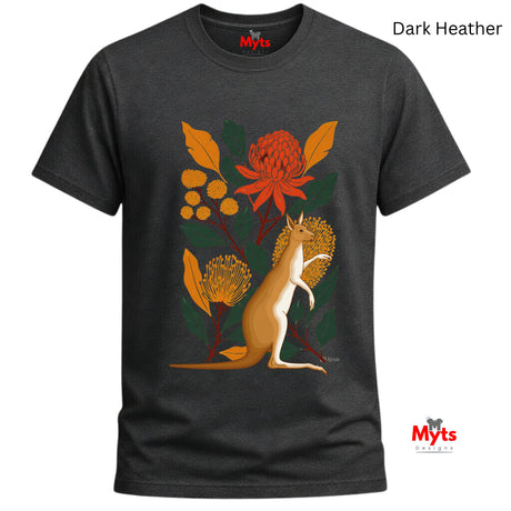 A dark heather gray t-shirt featuring a colorful graphic print of a kangaroo standing among Australian flowers and leaves. The text 'Dark Heather' is displayed in the top right corner, and the 'Myts' brand logo is visible on the inner neck label and as a watermark in the bottom right corner.
