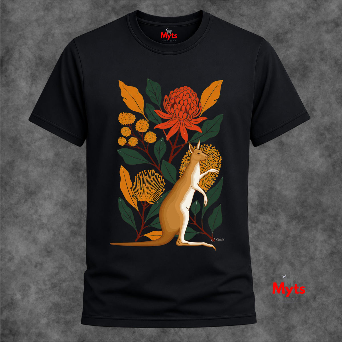 A black short-sleeve t-shirt with a colorful graphic print of a kangaroo among Australian flowers, displayed against a textured gray background.